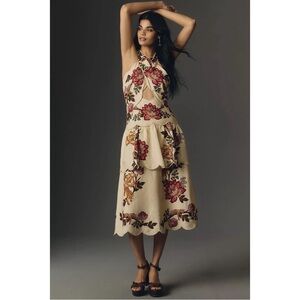 NWT Farm Rio Leopard Flowers Sand Cutout Midi Dress